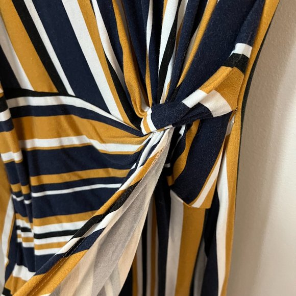 Allison Joy Navy and Gold Stripped Faux Wrap Dress - Picture 4 of 9